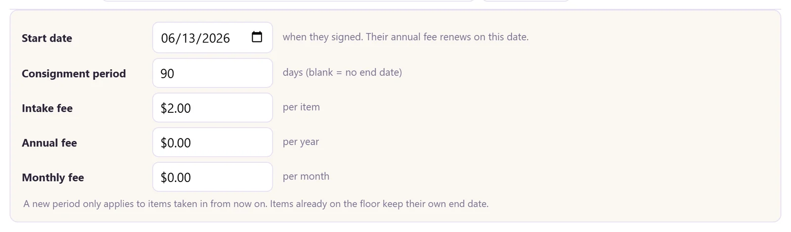One consignor's agreement: start date, consignment period, intake, annual and monthly fees