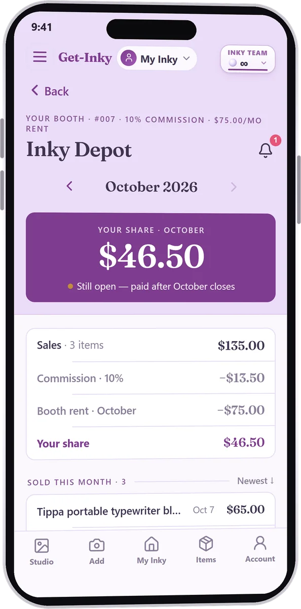 A vendor's booth in the Inky app: sales, commission, rent and their share