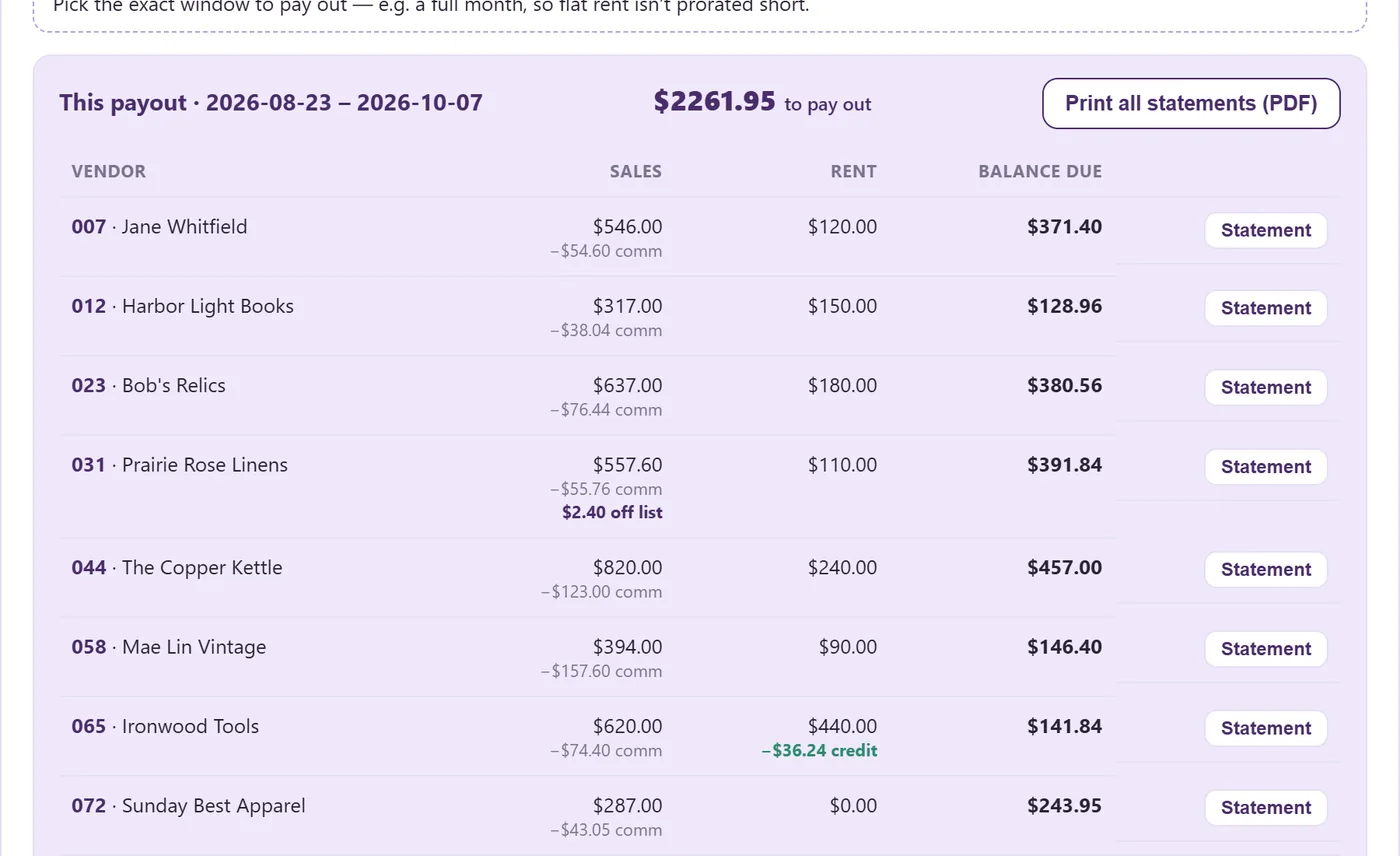 Payouts: each booth's sales, commission, rent and balance due