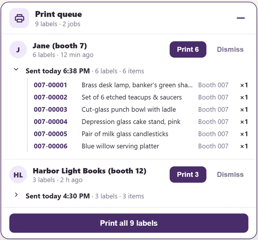 The register's print queue: tag requests from vendors' phones