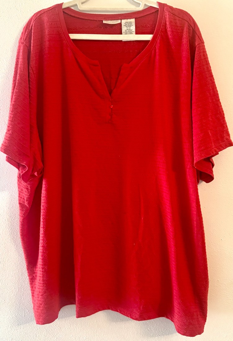 Red textured-knit henley, the original phone photo on a hanger